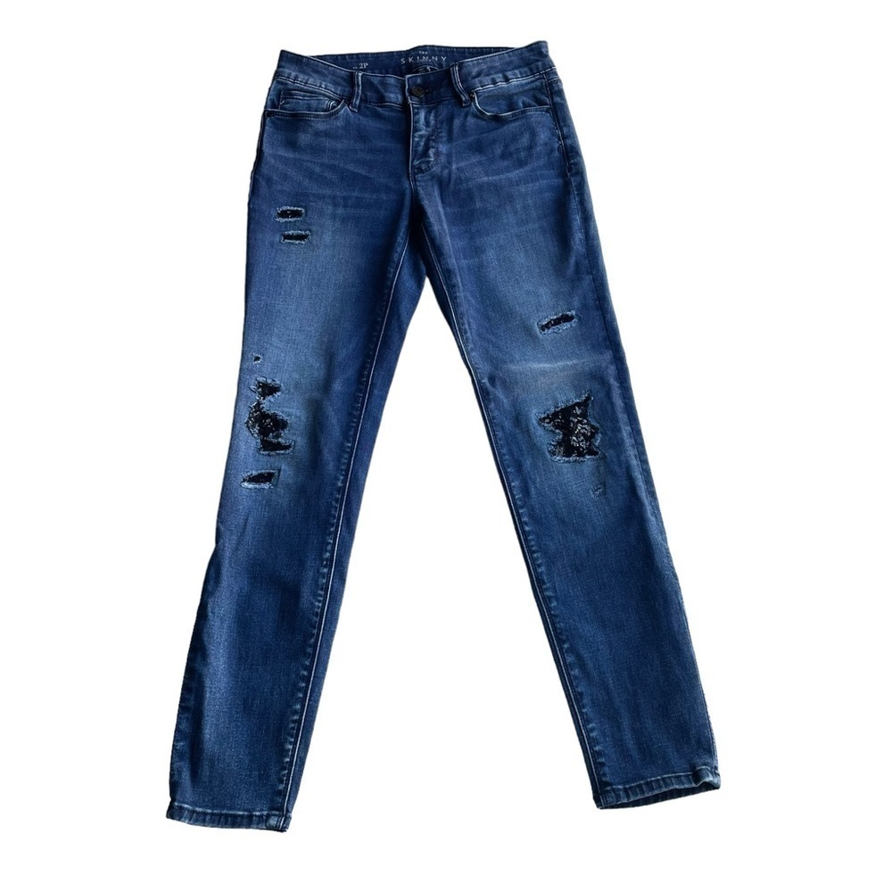 WHBM White House Black Market Skinny Ankle Jeans Blue Size 2P Petite fray Sequin
